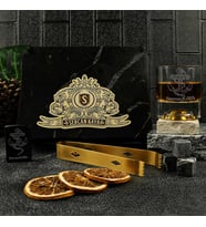 Çapa Figürlü Kişiye Özel Gold Maşalı, Çakmaklı ve Taşlı Viski Kadehi Seti
