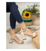 Moda Ayakkabı 0854 Cilt Krem 5Cm Topuklu Kadın Sandalet