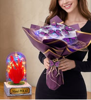 Size Özel Renkli Led Işıklı Fanus ve Renkli Led Işıklı Kelebek Buketi (Model 2)