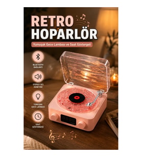 Retro Bluetooth Hoparlör Plak Çalar Tasarım Gece Lambalı Dijital Saat Göstergeli Stereo Ses Sistemi