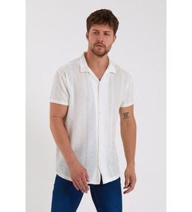 Erkek Bej Kısa Kollu Pamuklu Etnik Desenli Slimfit Apaş Yaka Gömlek 21Y-4300594-10