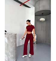 Osy Modal Yumuşak Dokulu Kumaş Kısa Kollu Crop Alt Ispanyol Paça Pantalon Ikili Takım - Bordo