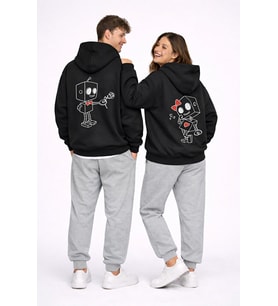 Robot Baskılı Sevgili Kombini Oversize Hoodie Seti Kadın Erkek Unisex (Siyah)
