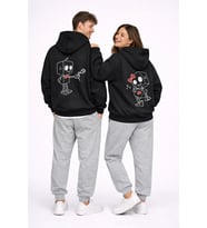 Robot Baskılı Sevgili Kombini Oversize Hoodie Seti Kadın Erkek Unisex (Siyah)