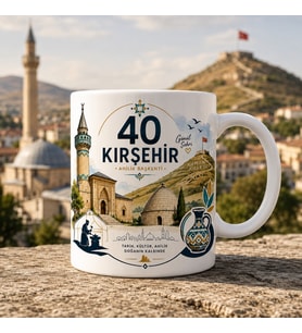 Kırşehir Temalı Hediyelik Kupa Bardak - 40 Plaka Ahilik Başkenti ve Şehir Simgeleri İllüstrasyon Baskılı Özel Tasarım Kupa