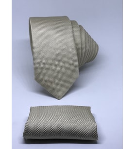 Açık Bej Mendilli Slim Fit Oxford Kuş Gözü Desen Kravat