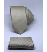 Açık Bej Mendilli Slim Fit Oxford Kuş Gözü Desen Kravat