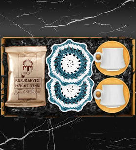 İkili Bambu Tabaklı Porselen Fincan Takımı & Handmade İkili Makrome Bardak Altlığı & Türk Kahvesi