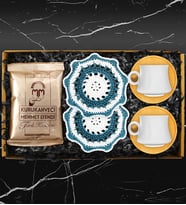 İkili Bambu Tabaklı Porselen Fincan Takımı & Handmade İkili Makrome Bardak Altlığı & Türk Kahvesi