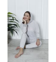 Fawn 3903 Peluş Welsoft Polar Kışlık Kapşonlu Kadın Pijama Takımı (Açık Gri)