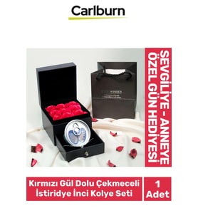 Özel Gün Hediye Sevgiliye Anneye Arkadaşa Kırmızı Gül Dolu Çekmeceli Kutu İstiridye İnci Kolye Seti (Çok Renkli)
