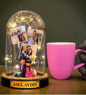 Size Özel Tasarım Led Işıklı Fanus ve Pembe Kupa Bardak Hediye Seti (Model 8)