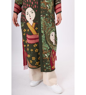 Peraluna Magic Moments Jakarlı Kadın Uzun Triko Kimono - Koyu Yeşil Multi