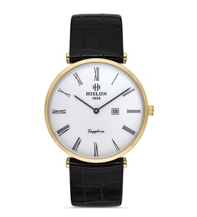 HISLON CL119G-03BG İNCE SLIM KLASİK SİYAH DERİ KORDON SAFİR CAM ERKEK KOL SAATİ