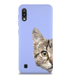 Samsung Galaxy M10 Uyumlu Lansman Kılıf Catface Tasarımlı İçi Kadife Kapak-Lila (Şeffaf)