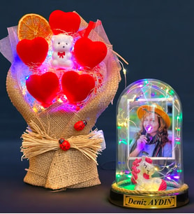 Size Özel Renkli Led Işıklı Fanus ve Renkli Led Işıklı Kalp Buketi Hediye Seti (Model 1)