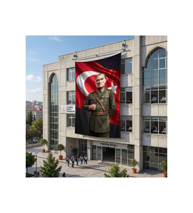 Askeri Üniformalı Başkomutan Mustafa Kemal Atatütk ve Türk Bayrağı Poster Bayrak Raşel Kumaş 6x9 metre ATA82