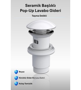 Seramik Pop-Up Lavabo Gideri Taşma Delikli Parlak Beyaz Üniversal Sızdırmaz Somunlu