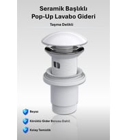 Seramik Pop-Up Lavabo Gideri Taşma Delikli Parlak Beyaz Üniversal Sızdırmaz Somunlu