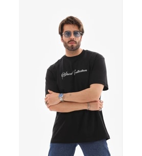 Erkek Baskılı T-Shirt Kısa Kol Bisiklet Yaka Regular Fit Tişört - Siyah