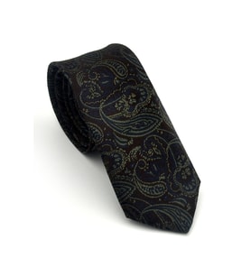 Yeşil Lacivert Şal Desenli Kahverengi Dokuma Kumaş Mendilli Slim Fit Kravat // SDK-2607-6