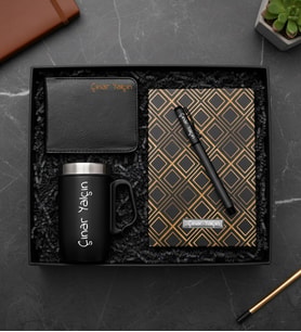Kişiye Özel Bardak Termos & Erkek Cüzdan & Gold Renk Kareli Defter & Roller Kalem Hediye Seti