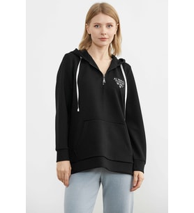 Yarım Fermuarlı Kapüşonlu Sweatshirt - Siyah