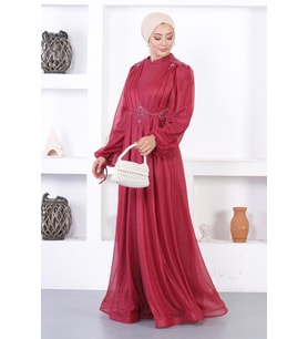 İncili Dantelli Simli Abiye Bordo 12252