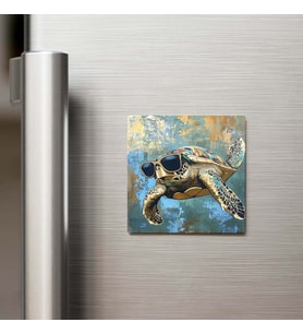 Sea Turtle - Deniz Kaplumbağası - Güneş Gözlüklü Style - Buzdolap Magneti - 9x9 Cm