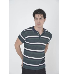 Erkek Yakalı Slim Fit Dokuma Çizgili T-Shirt - Haki