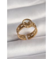 Çelik Gold Renk Beyaz Sedefli Kelebek Model İşleme Detay Kadın Yüzük
