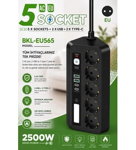 5’li Akım Korumalı Priz 2500w 2 Usb + 2 Type-c Hızlı Şarj Led Gece Lambalı Dokunmatik Siyah
