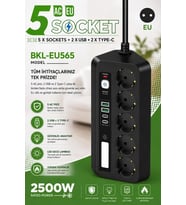 5’li Akım Korumalı Priz 2500w 2 Usb + 2 Type-c Hızlı Şarj Led Gece Lambalı Dokunmatik Siyah