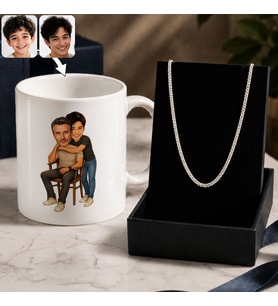 BK Gift Kişiye Özel Baba&Çocuk Karikatürlü Beyaz Kupa & Kral Zincir Kolye -6, Babalar Günü Hediyesi