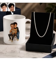 BK Gift Kişiye Özel Baba&Çocuk Karikatürlü Beyaz Kupa & Kral Zincir Kolye -6, Babalar Günü Hediyesi