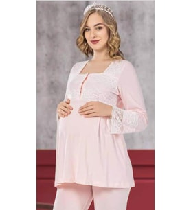 LİMİSSİ 2104 HAMİLE LOHUSA PİJAMA DANTELLİ TAKIMI (Ekru)
