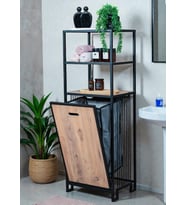 DEKORATİF KİRLİ SEPETLİ BANYO DOLABI AHŞAP RAFLI METAL GÖVDELİ 3 RAFLI ÇAMAŞIR SEPETİ BANYO DÜZENLEYİCİ ORGANİZER (Siyah)