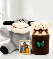 Kişiye Özel Fotoğraflı Peluş Eşek ve Peluş Saksıda Ayıcık Buketi Sevgiliye Hediye Seti