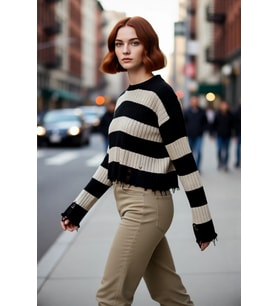Kadın Oversize Bisiklet Yaka Çizgili Crop Akrilik Triko Kazak Akıtma Detaylı Rahat Şıklık Kaliteli
