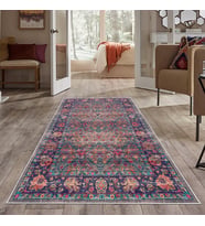 Mavi Osmanlı Motifler Eskitme Yıkanabilir Kaymaz Taban Leke Tutmaz Modern Salon Halısı ve Yolluk (Pembe)