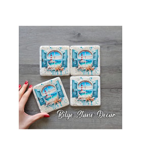 bilge tasarım Stone Decor Taş Bardak Altlığı 4'lü Set 10x10x1 Cm desenli
