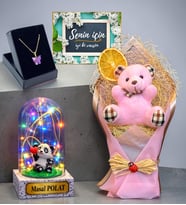 Size Özel Premium Hediye Seti Renkli Led Işıklı Fanuslu Buketli Kolyeli (Model 6)