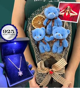 Fotoğraflı Büyük Boy Peluş Ayıcık Buketi ve Işıklı Kutusunda 925 Ayar Gümüş Lotus Kolye (Model 3)