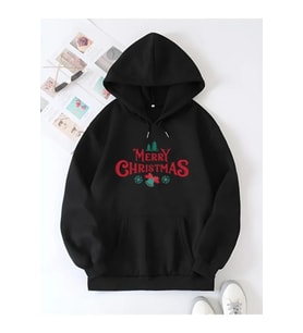 Yılbaşı Merry Christmas Baskılı Oversize Kapüşonlu Sweatshirt Hoodie - Siyah