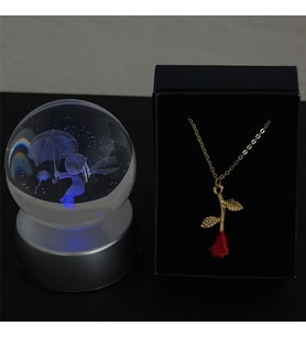 Küçük Prens Şemsiyeli Model Cam Küre Işıklı & Gül Kolye Özel Kutulu Set