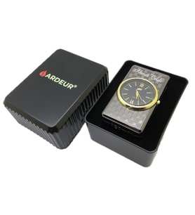 Ardeur® Desen İşlemeli Saatli Titanyum Gold İsme Özel Çakmak Hediyelik Kutusunda