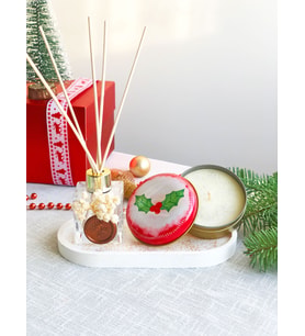 Bulud Design Çubuklu Oda Kokusu 3 lü Set Teneke Kutuda Yeni Yıl Temalı Kokulu Mum Dekoratif Simli Taş Tepsi