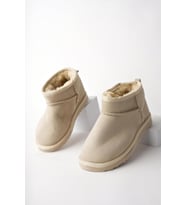 Muggo SNOW Garantili Unisex Çocuk Kalın Taban İçi Tüylü Günlük Mini Yarım Bot (Bej)