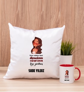 Kişiye Özel Kudurtayım Diye Tasarım Esprili Kare Yastık ve Kırmızı Kupa