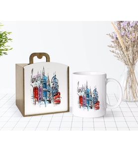 BK Gift Kişiye Özel Ahşap Kutuda London Tasarımlı Beyaz Kupa Bardak-4